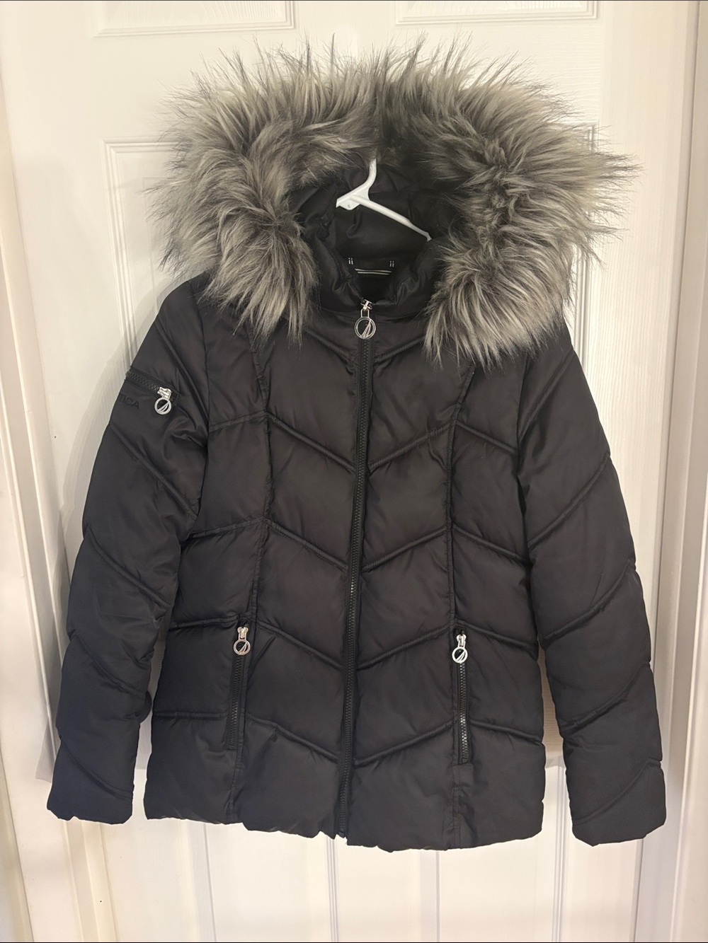 Nautica Black Puffer Jacket with Faux Fur Trimmed Hood